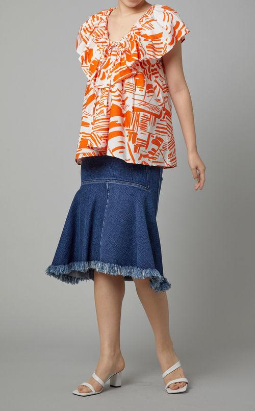 プリントノースリーブフリルブラウス