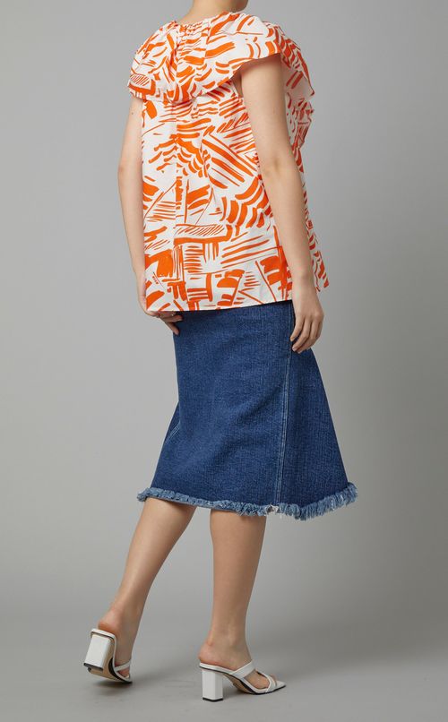 プリントノースリーブフリルブラウス