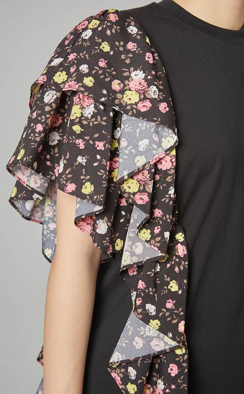 プリントフリル付クルーネックTシャツ